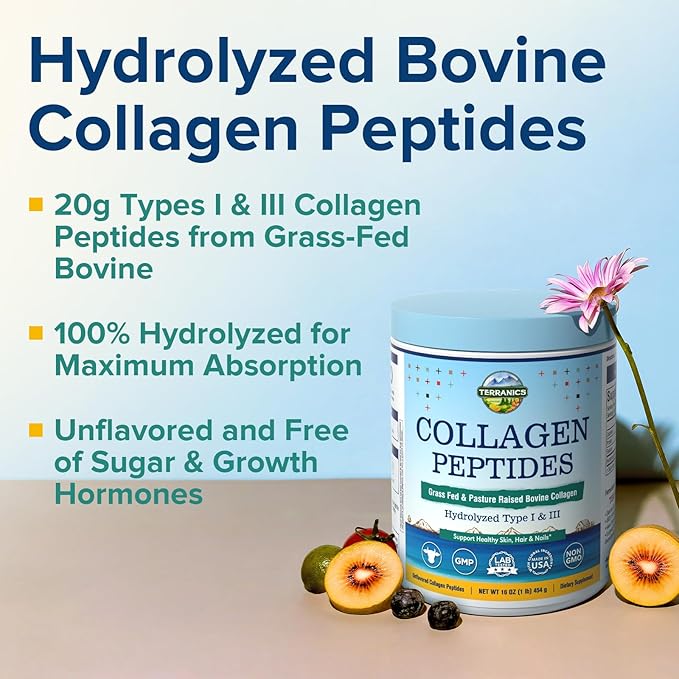 Terranics Hydrolyzed Collagen Peptides Powder Grass Fed &amp Pasture Raised Bovine Type I &amp III Collagen for Women No Sugar No Hormones Keto Beauty Support Easy Mixing Unflavored 16oz