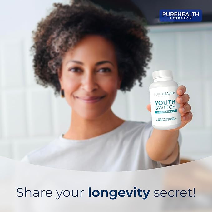 PUREHEALTH RESEARCH Youth Switch - Anti Aging Supplement with Ashwagandha Extract 600 mg KSM-66 - Longevity Activator - Telomere Supplements - Disrupt &amp Reverse Aging 1 Bottle - 60 Capsules