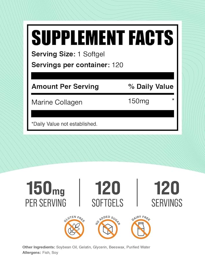 BulkSupplements.com Marine Collagen Softgels - Collagen Supplement Collagen for Women &amp Men 150mg of Collagen - Gluten Free 1 Softgel per Serving 120 Count (Pack of 1)