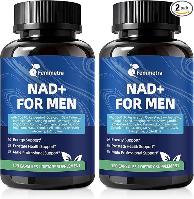 NAD Supplements for Men with 40+ | All-in-One Cellular Energy Prostate Support &amp Nitric Oxide Supplement with Saw Palmetto Resveratrol | Non-GMO 2 Bottles