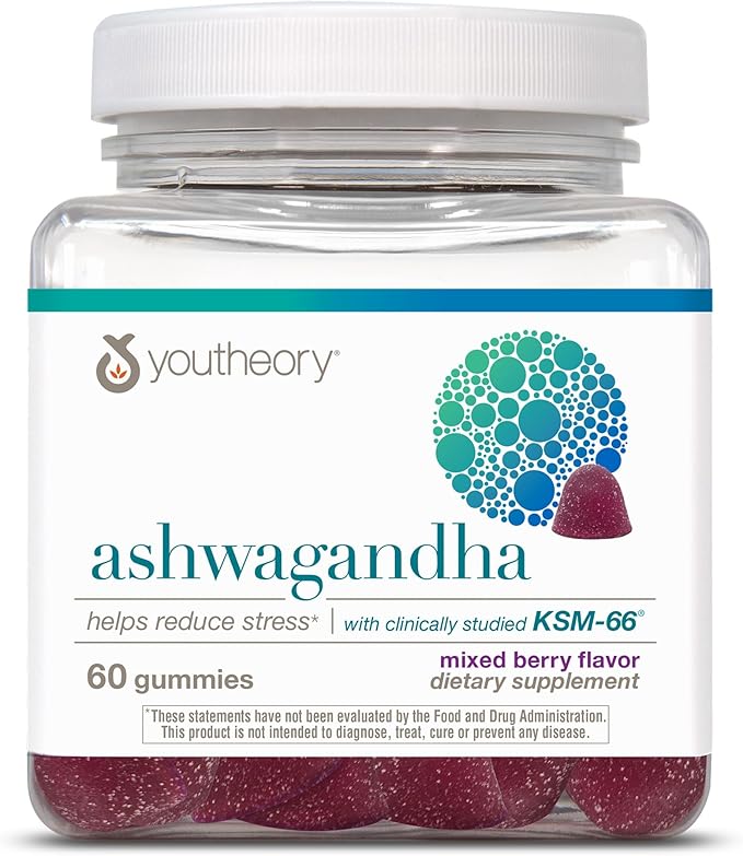 Youtheory Ashwagandha - Vegetarian Energy &amp Stress Support Supplement with Organic KSM-66 &amp Ginger Extract - Cane Sugar-Mixed Berry 60 Gummies (20 Day Supply)