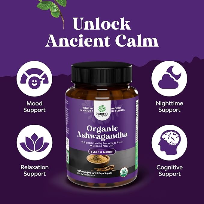 High Strength Organic Ashwagandha Supplements - Ashwagandha Organic Tablets for Mood Support &amp Hormone Balance for Women &amp Men - Root Extract Powder with Black Pepper for Better Absorption - 1