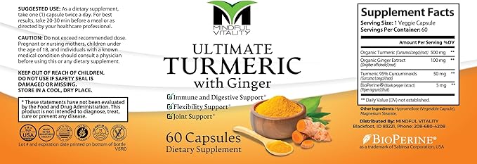 Ultimate Turmeric with Ginger 60 Capsules 500mg Organic Turmeric Joint and Immune Support Supplement