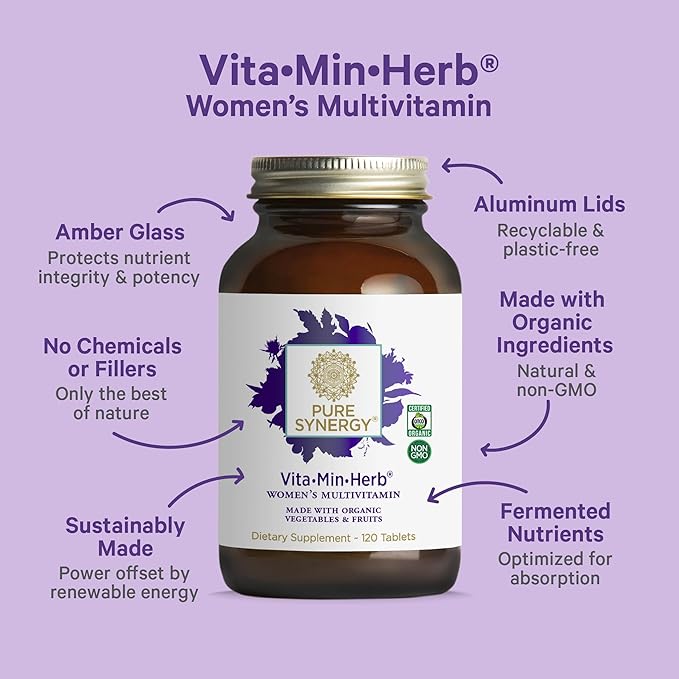 PURE SYNERGY Vita·Min·Herb for Women | Women’s Comprehensive Multivitamin Supplement | Made with Organic Whole Food Non-GMO &amp Vegan Ingredients | Supports Energy &amp Immune Health (120 Tablets)