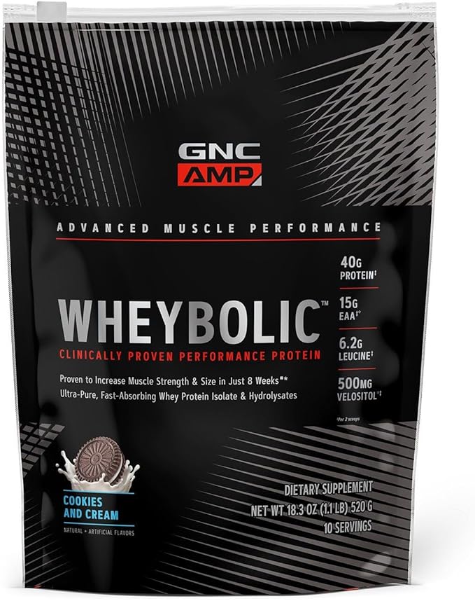 GNC AMP Wheybolic Clinically Proven Protein Powder 40g Whey Protein BCAA Leucine Increases Muscle Strength Muscle Building 3rd Party Tested Gluten Free. Cookies and Cream 10 Servings