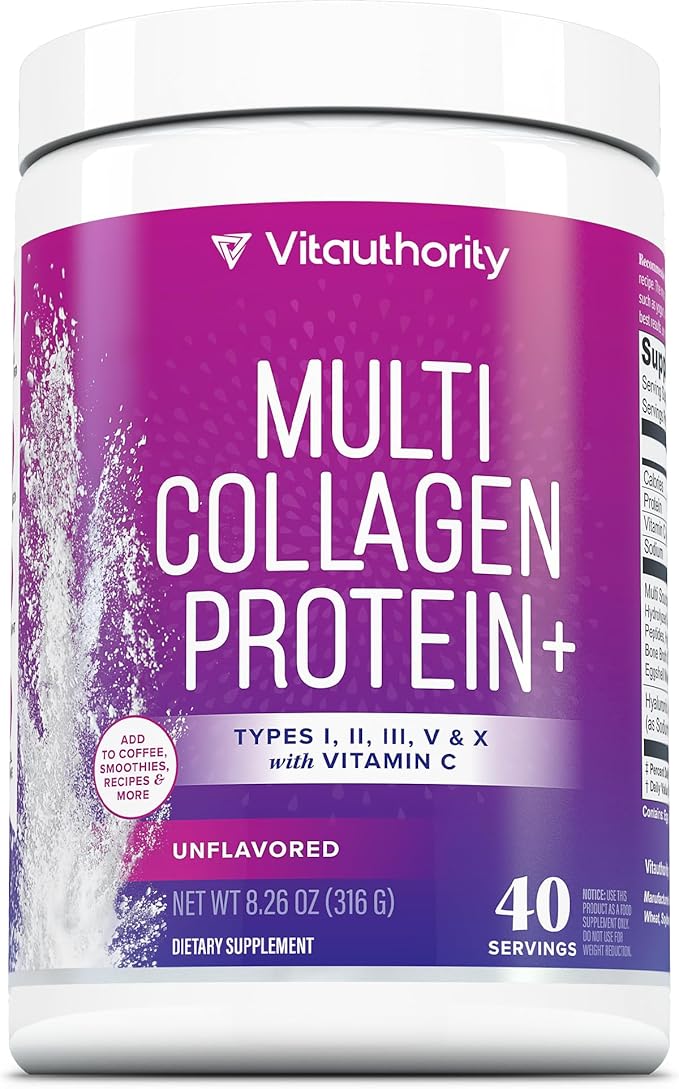 Multi Collagen Peptides Powder for Women - Hydrolyzed Unflavored Collagen Powder for Women with Types I II III V &amp X Plus Vitamin C &amp Hyaluronic Acid for Beautiful Hair Skin and Nails - 40 Ser