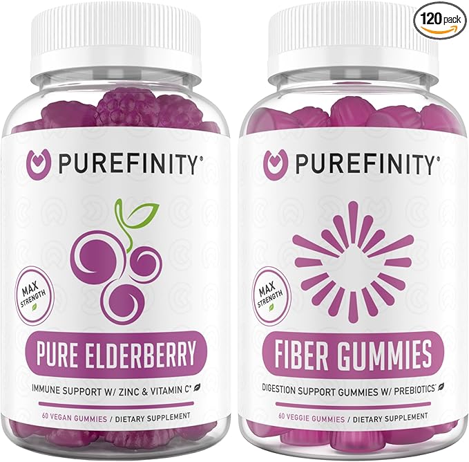 PUREFINITY Fiber + Elderberry Gummies Bundle (Inulin FOS Prebiotic Fiber Gummies + Double Strength Elderberry Gummies with Zinc &amp Vitamin C)