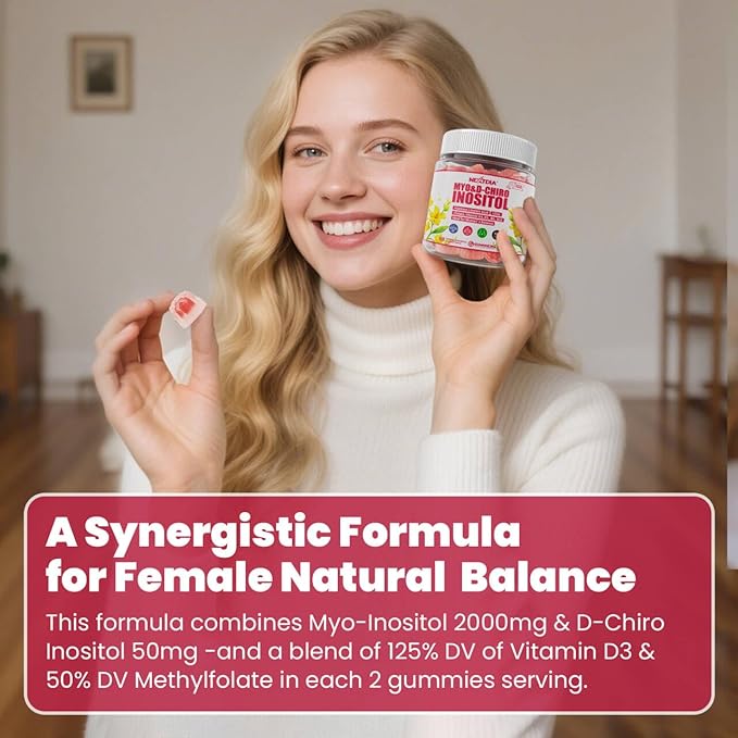 Inositol Gummies Supplement with Evening Primrose Oil for Women - 40:1 Ratio Myo-Inositol 2000mg &amp D-Chiro Inositol 50mg with VIT D3 B12 &amp Zinc Sugar-Free for Natural Balance Vegan (120ct)