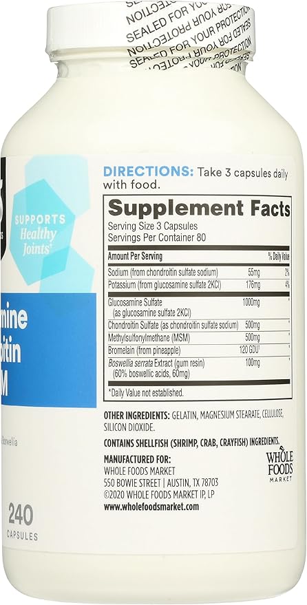 365 by Whole Foods Market Glucosamine Chondroitin and MSM Supports Healthy Joints 240 Capsules