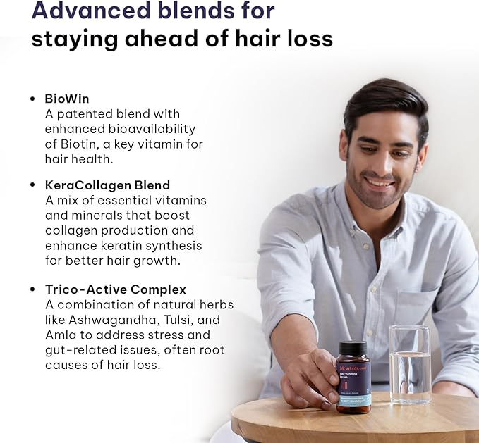 Vitals Hair Vitamin with DHT Blockers (60 Capsules) | Omega &amp Biotin Supports Keratin Synthesis &amp Helps Reduce Hair Fall