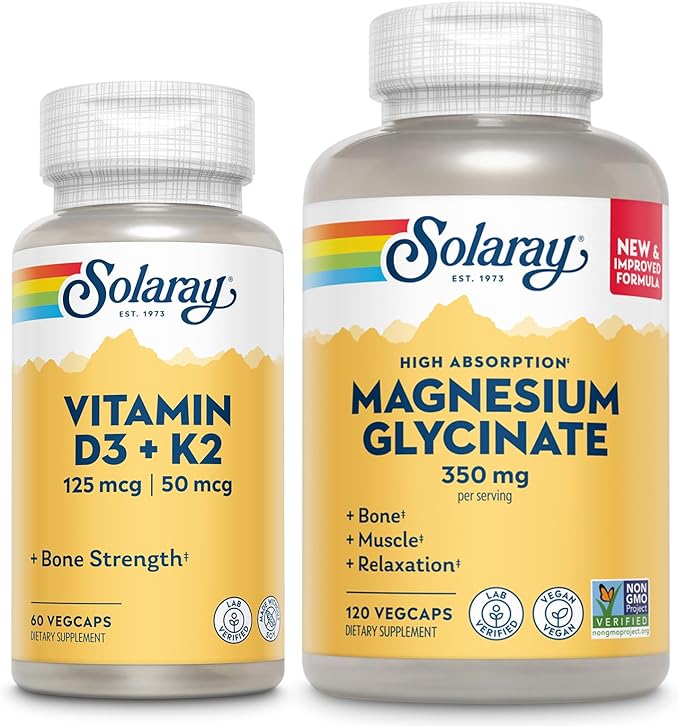 SOLARAY Vitamin D3 K2 and Magnesium Glycinate - Bone Health Bundle - Calcium Absorption Nerve Heart and Immune Support w/ 5000 IU Vitamin D 350mg Chelated Magnesium 60-Day Guarantee 60ct/120ct