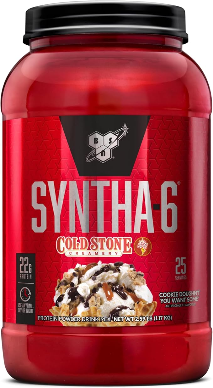 BSN Syntha-6 Whey Protein Powder Cold Stone Creamery- Cookie Doughn't You Want Some Micellar Casein Milk Protein Isolate Powder 25 Servings