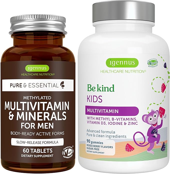Multivitamin &amp Minerals for Men + Advanced Kids Multivitamin Gummy Vegan Bundle with Methylated B-Vitamins Vitamin A C D3 &amp E Clean Label 60 Tablets + 90 Berry Flavor Gummies by Igennus