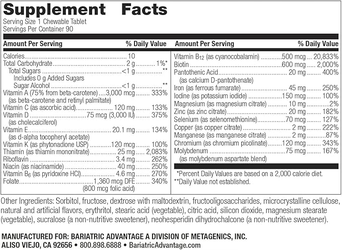 Bariatric Advantage Chewable Ultra Solo with Iron - Once-Per-Day Daily Multivitamin - for Bariatric Patients - with Thiamin Vitamin A &amp More - Gluten Free - Citrus - 90 Tablets