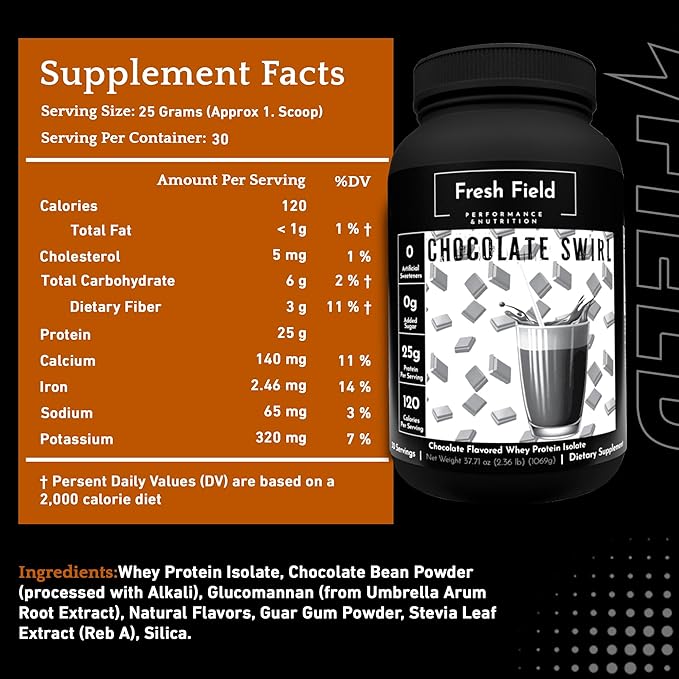 Fresh Field Chocolate Protein Powder - 25g Whey Protein Isolate Gluten-Free &amp Soy-Free Sugar-Free 30 Servings - Natural Whey Protein Powder for Workout Fitness &amp Nutrition Shakes - 2.36 lb