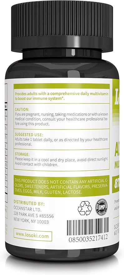 Losoki Adult Multi Vitamins - Comprehensive Daily Multivitamin Supplement for Men and Women - 60 Tablets for Enhanced Energy Vitality and Immune Support