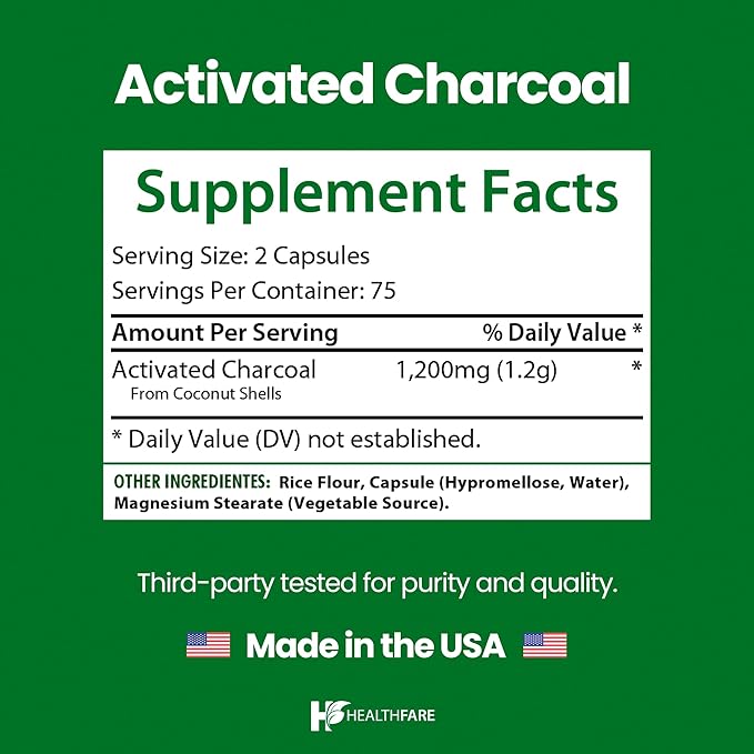Healthfare Activated Charcoal Capsules 1200mg | 150 Veg Capsules (Pack of 2) | Derived from Coconut Shells | Highly Absorbent | Non-GMO | Made in The USA