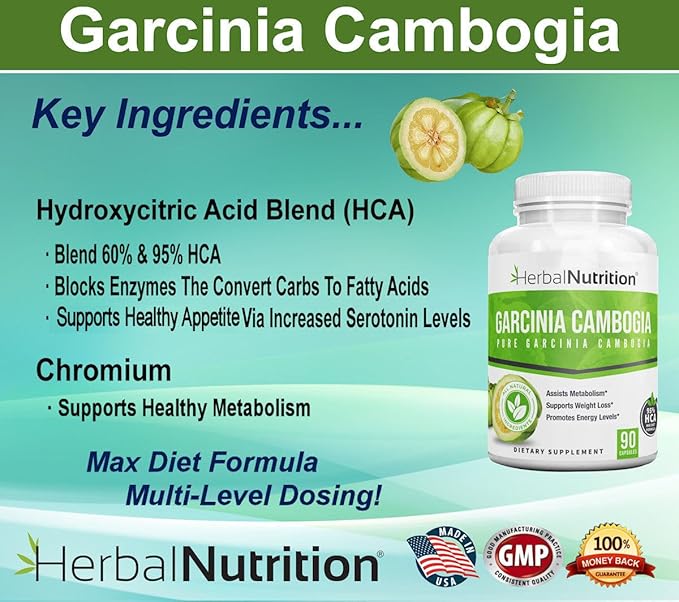 Herbal Nutrition Garcinia Cambogia for Weight Management and Kidney Stone Management 2 90 Count Bottles 180 Capsules 60% and 95% HCA Blend Dosing 700mg - 2400mg