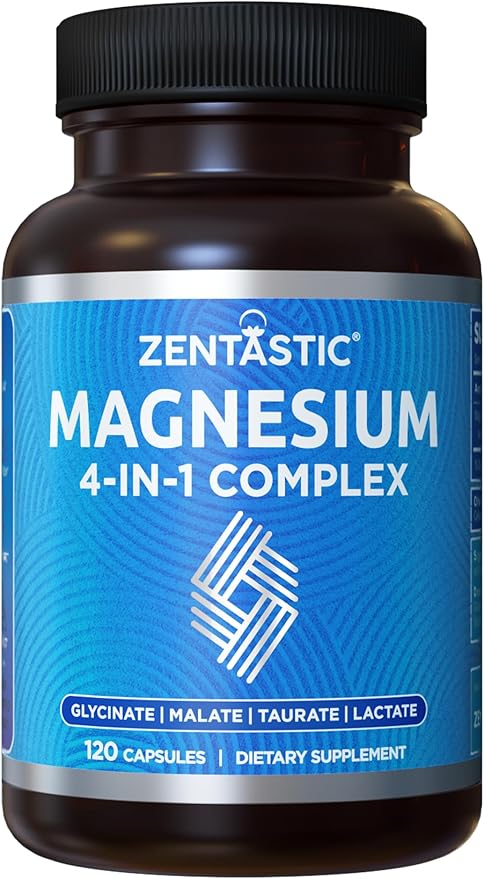 Zentastic Magnesium Complex 4-in-1 Supplement – Magnesium Glycinate Malate Taurate &amp Lactate – Chelated High Absorption for Nerves Muscles Bones &amp Immune Support – 120 Capsules
