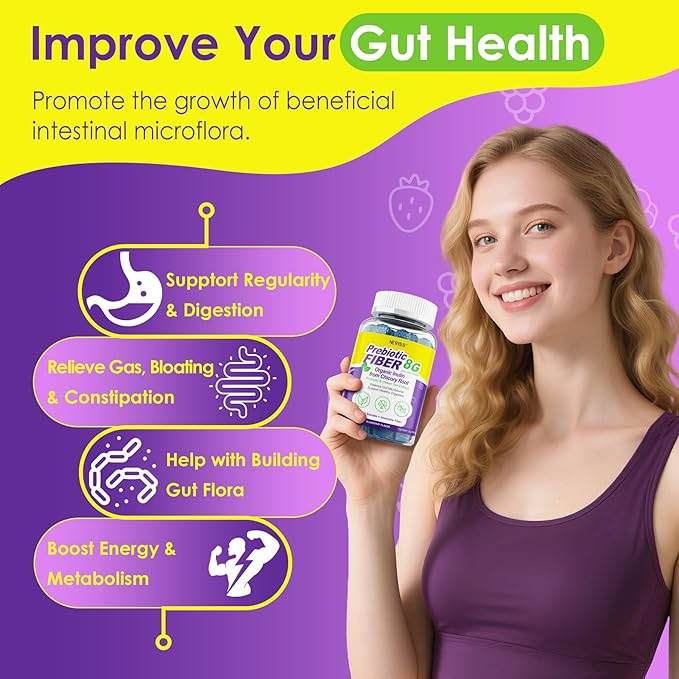 8G Fiber Gummies with Probiotics Fiber Supplement with 25 Billion CFU Probiotics Blend Inulin Green Tea Extract Support Digestive Health Regularity No Sugar Added Daily Gummy for Adults 120Cts