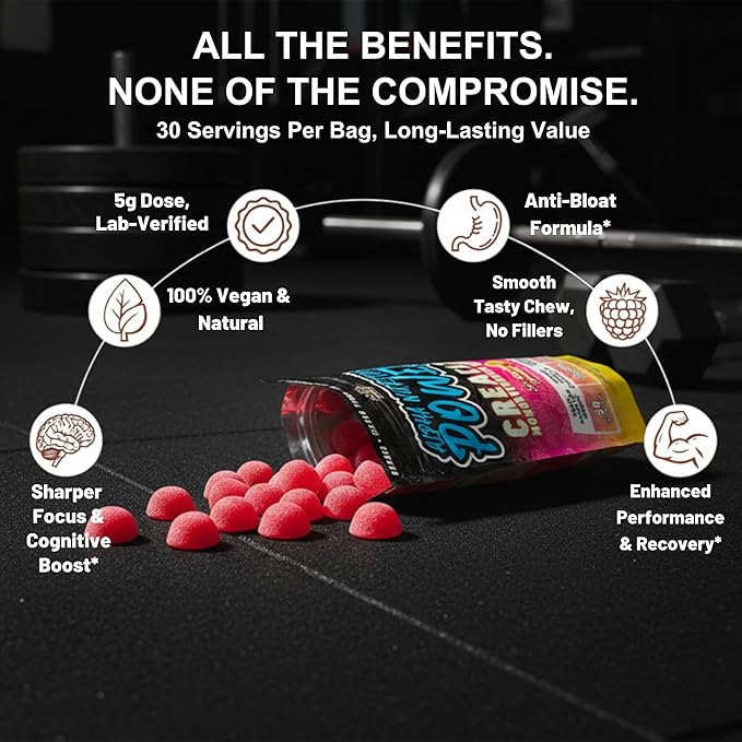 Creatine Monohydrate Gummies 5g - Raspberry Lemonade Flavored Creatine for Men and Women - Supplement for Muscle Gain Strength Energy Cognitive Health Pre and Post Workout Recovery (120 Gummies)