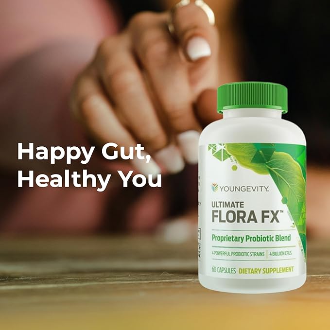 Youngevity Ultimate Flora FX™ – Prebiotic and Probiotic Supplement – Supports Digestive Health and Gut Microbiome – 4 Billion CFU – Glucono Delta Lactone – 60 Vegetarian Capsules