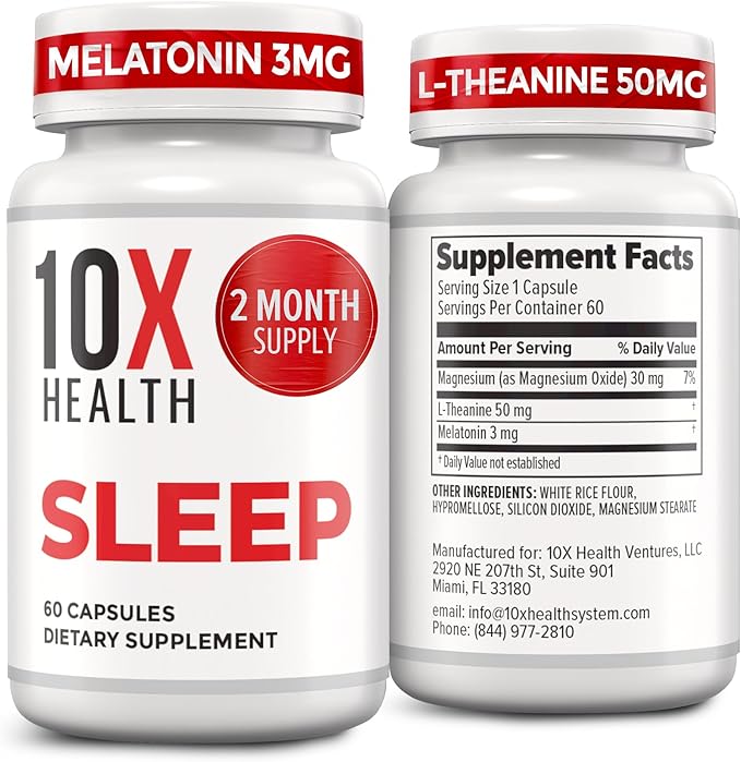10X Health Sleep Supplements for Adults - 60 Capsules - Melatonin 3mg L Theanine Magnesium Supplement Magnesium Oxide for Deep Better Rest &amp Relaxation - 3-in-1 Natural Sleep Support