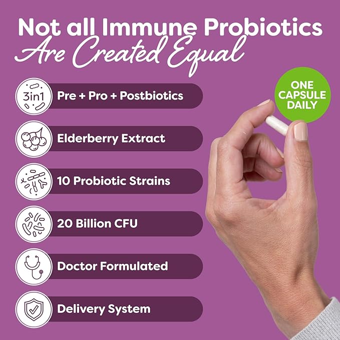 Probulin Total Care Immune = Prebiotics + Probiotics + Postbiotics + Elderberry to Support Immune &amp Gut Health - 20 Billion CFU - 10 Probiotic Strains 30 Vegan Capsules