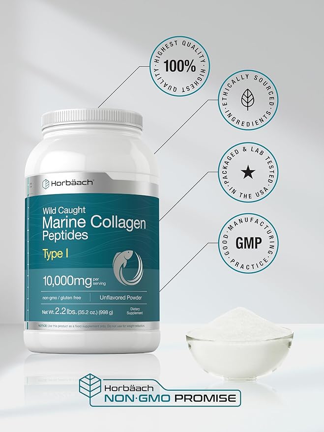 Horbäach Marine Collagen Peptides Powder 2.2 lb | for Skin Hair and Nails | Type I Hydrolyzed Fish Collagen | Unflavored | Keto Paleo Non-GMO Gluten Free Supplement