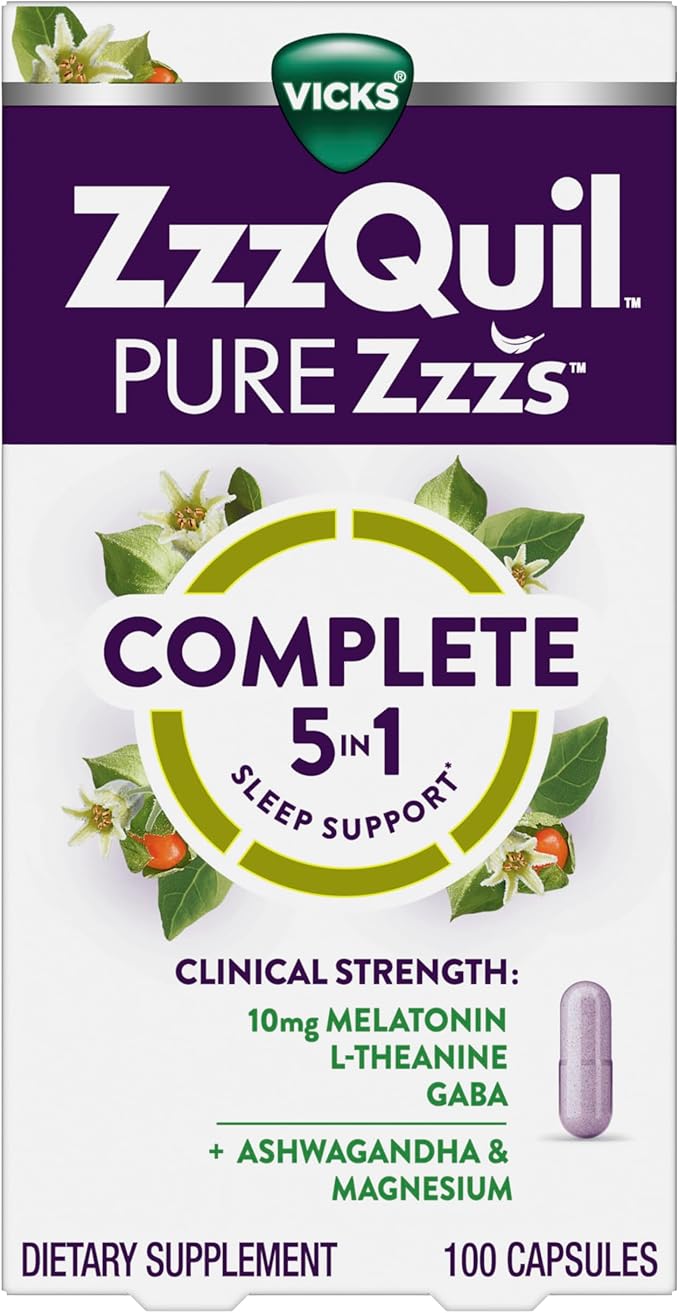 ZzzQuil Pure Zzzs Complete SleepMelatonin 10mgL-TheanineGABAwith Ashwagandhaand MagnesiumMelatonin Sleep Aid100 Count (Pack of 2)