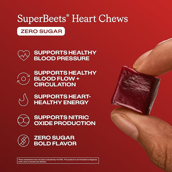 Humann SuperBeets Heart Chews Zero Sugar Nitric Oxide and Blood Pressure Support Grape Seed Extract &amp Non-GMO Beet Root Powder Energy Supplement Pomegranate Berry Flavor 60 Count