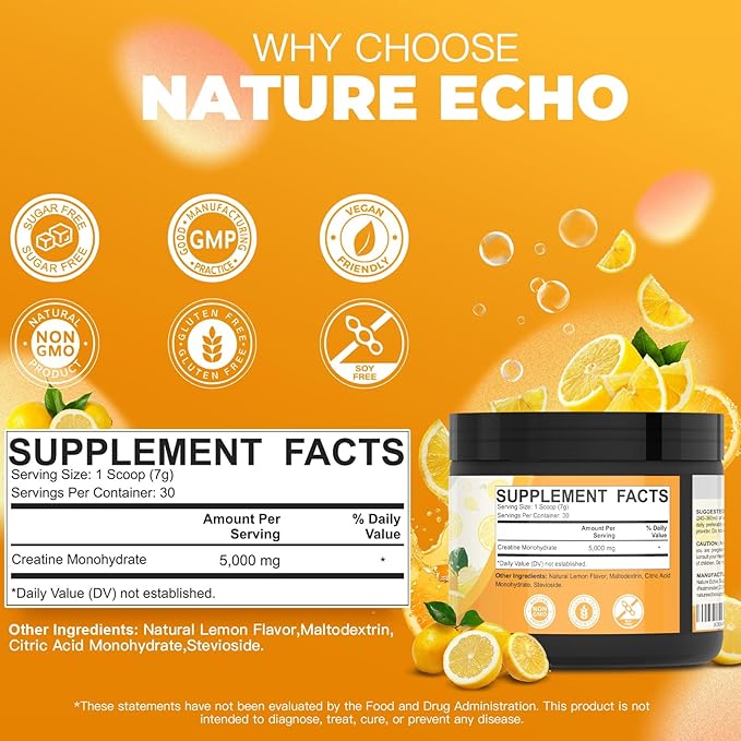 Creatine Monohydrate Powder - Lemon - 30 Servings - 5g of Creatine Monohydrate - Supports Muscle ATP Production Energy Strength - Vegan Gluten Free