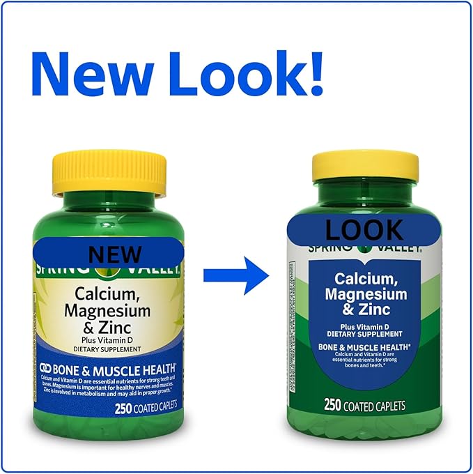 SP: Calcium Magnesium &amp Zinc Plus Vitamin D3 Dietary Supplement | 250 Coated Caplets+ complimentary Vitamins and Minerals Guide