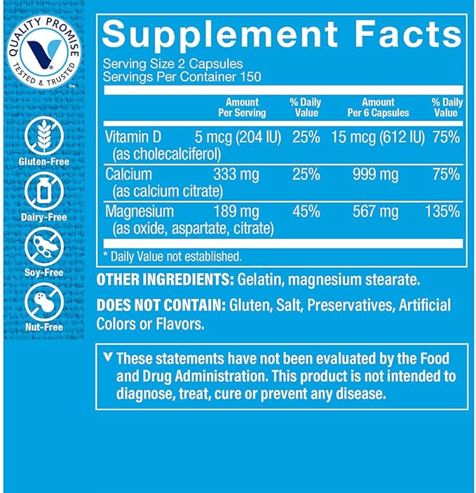 Calcium Citrate+Magnesium&ampVitamin DMulti-Mineral Bone Health SupplementVitamin D Aids Absorption Calcium 999mg Magnesium 567mg Vitamin D 612IU per Daily dose (300 Capsules) by The Vitamin Sho