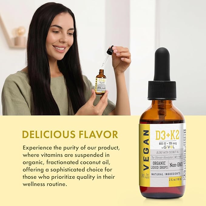 D3 + K2 Liquid Drops with MK-4 &amp MK-7 –Non-GMO Gluten-Free Sugar-Free Easy Absorption Liquid Spray for Kids &amp Adults - 2 Fl Oz/60 ml 240 Day Supply