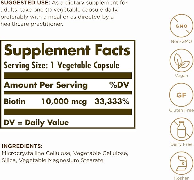 Solgar Super High Potency Biotin 10000 mcg - 120 Vegetable Capsules Pack of 2 - Supports Healthy Skin Nails &amp Hair - Non-GMO Vegan Gluten &amp Dairy Free - 240 Total Servings