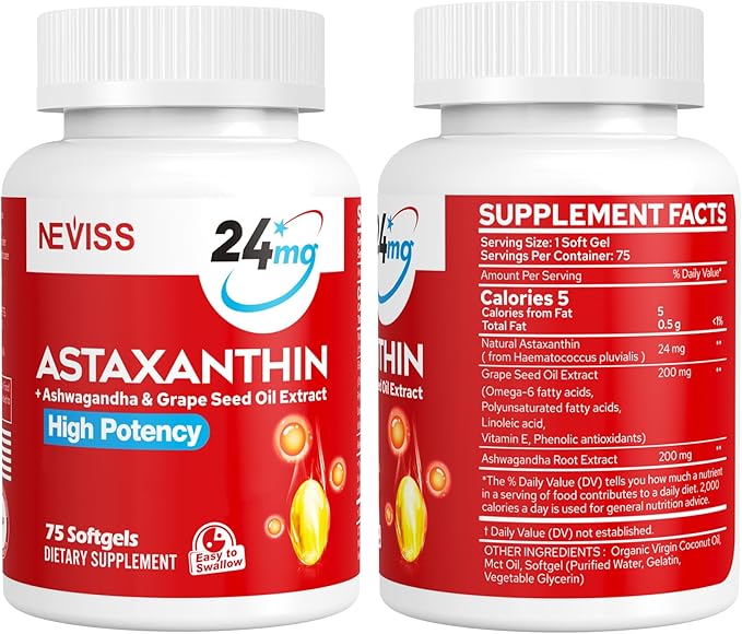 Astaxanthin Supplements 24mg 5 Month Supply - Coconut MCT Oil Fresh Microalgae Source w/Grape Seed Oil Ashwagandha - Antioxidants for Healthy Skin Eyes Aging - Non-GMO &amp Gluten Free 150 Soft