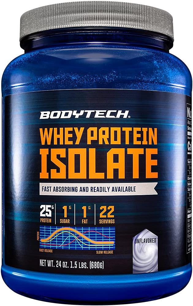 BodyTech Whey Protein Isolate Powder - 25g Protein per Serving with BCAAs - Fast-Absorbing for Muscle Growth &amp Recovery - Unflavored (1.5 lb 22 Servings)