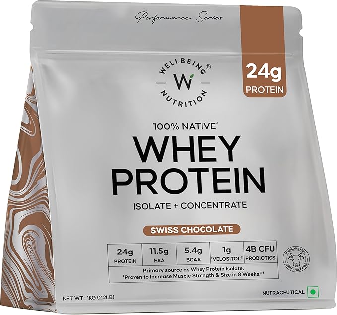 WELLBEING NUTRITION Whey Protein Isolate + Concentrate (Swiss Chocolate) | 24g Protein 11.5g EAA | Clinically Proven 2X Muscle Protein Synthesis| 4B CFU Probiotics &amp Digestive Enzymes | 1kg