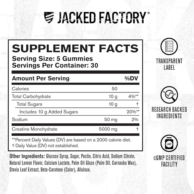 Jacked Factory Creatine Gummies 5g Daily Dose (1g per Gummy) - Creatine Gummy for Men and Women Vegan-Friendly Travel-Friendly Third-Party Tested - 150 Gummies Lemon