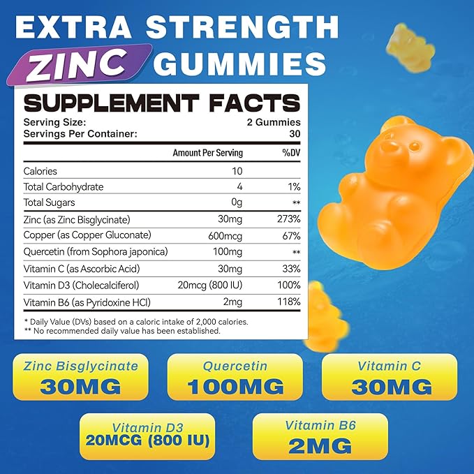 Zinc Glycinate 30 mg Gummies Chewable Zinc Supplement for Women &amp Men with Vitamin C D3 &amp B6 Quercetin Immune System Support Skin Health &amp Antioxidant Natural Fruit Flavor 60 Ct