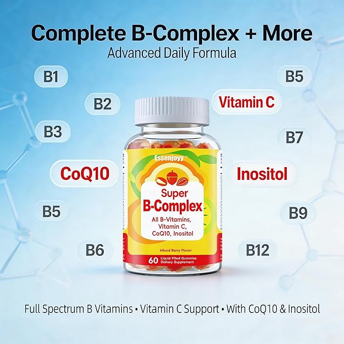 Liquid-Filled B Complex Gummies for Daily Routine Juicy Berry Flavor Complete B Vitamins with Vitamin C CoQ10 &amp Inositol Easy to Enjoy 60 Gummies x 2 (120 Total)