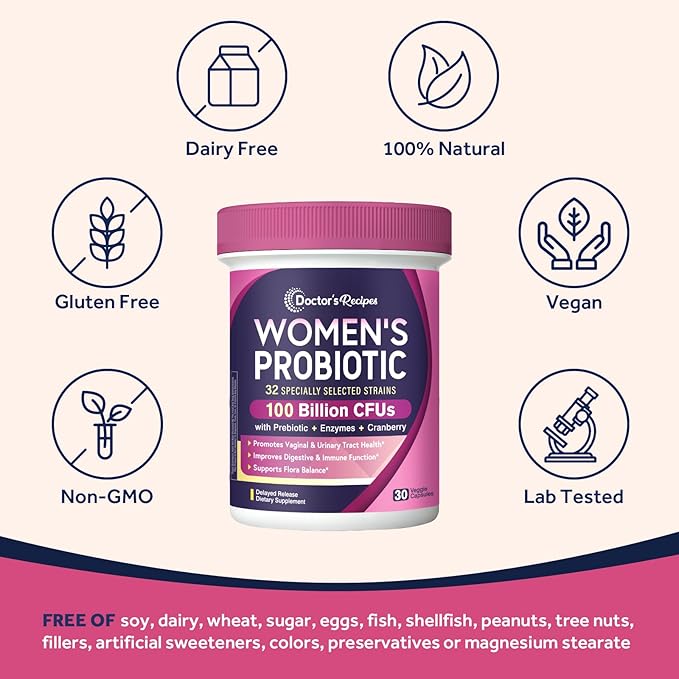 Doctor's Recipes Probiotics for Women 100 Billion CFU 32 Strains with Prebiotic Enzymes &amp Cranberry Shelf Stable Delayed Release 30 Caps
