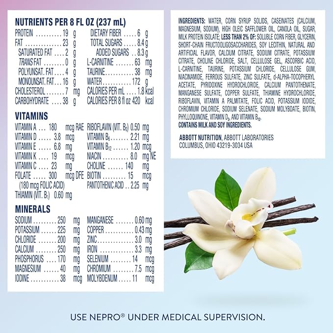 Nepro Nutrition Shake for People on Dialysis 19g Protein 420 Calories Vanilla 8 fl oz Pack of 24