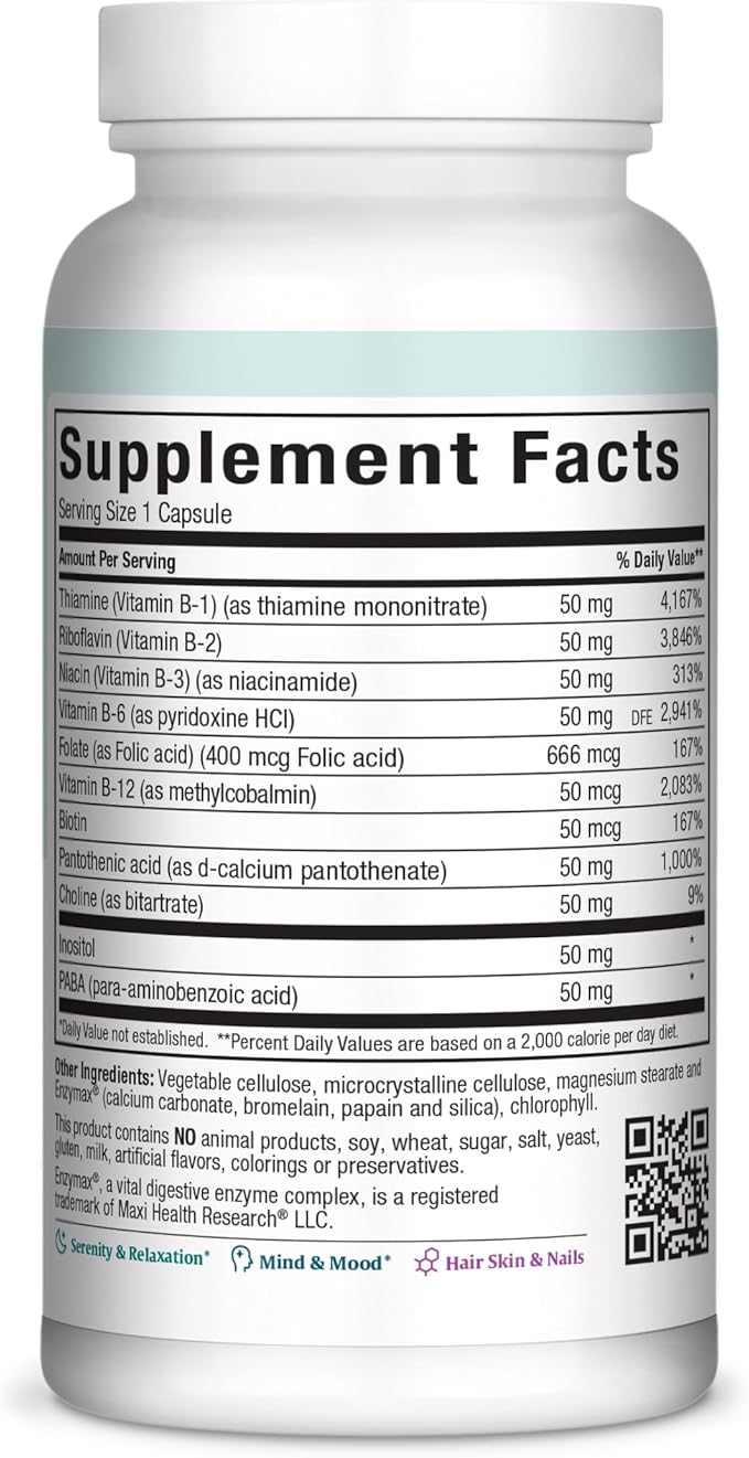 Maxi Health Stress Relief Vitamin B Complex for Women and Men Vitamin B6 B12 Biotin Inositol Folate Vegan Gluten &amp Soy &amp Milk Free Kosher Unflavored 250 Count
