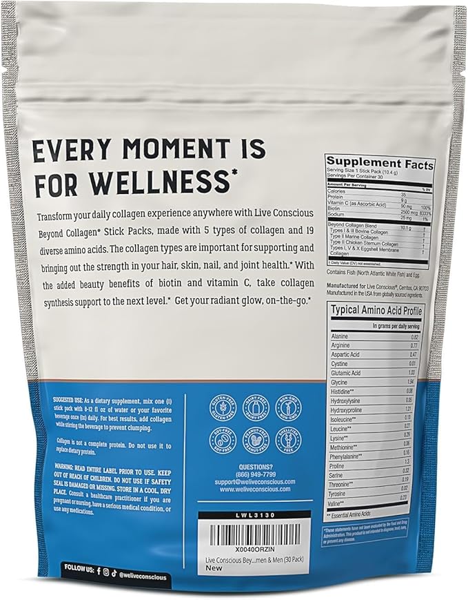 Live Conscious Beyond Collagen Peptides Powder Unflavored Packets-Hydrolyzed Collagen Powder-Hair Skin Nail &amp Joint Support- I II III V &amp X Grass-Fed Collagen Supplements for Women &amp Men 3