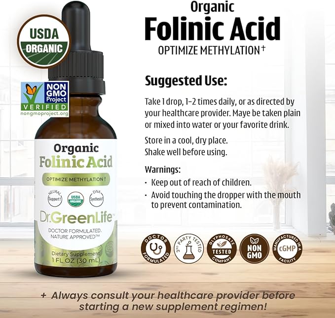 Dr. Green Life USDA Organic Folinic Acid Drops - 500 mcg per Drop | Methylation Support B9 Supplements for Kids &amp Adults | Supports Neurological Function Nervous System Health &amp DNA Synthesis