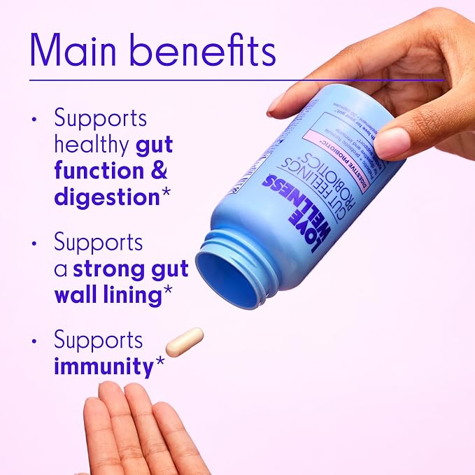 Love Wellness Gut Feelings Probiotic | Gut Health for Women Digestion Relief &amp Immune Support Supplement | Womens Probiotic for Gas Relief | 3 Billion CFU | Safe Prebiotic and Postbiotic | 30 Cou