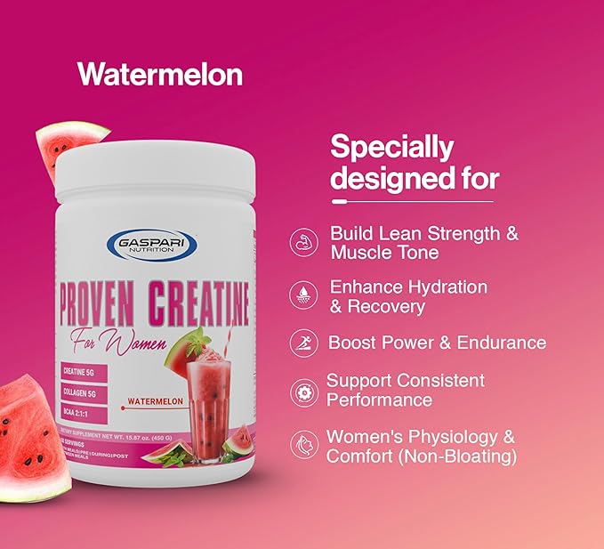 Gaspari Nutrition Proven Creatine for Women 5g of Creatine 5g of Collagen Vitamin C and Collagen Clean Natural Formula Electrolytes for Hydration (30 Servings Watermelon)