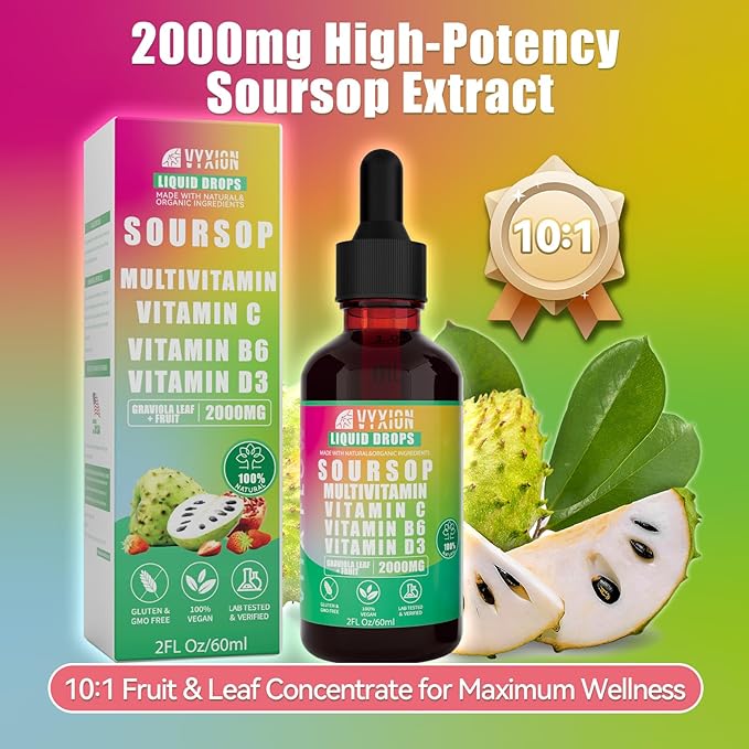 Vyxion Soursop Bitters Liquid Soursop Multivitamin Drops - 2000mg 10:1 Extract from Fruit &amp Leaf Vitamin B6 C D3 Graviola Liquid Drops | Vegan Non-GMO | 2 Fl Oz